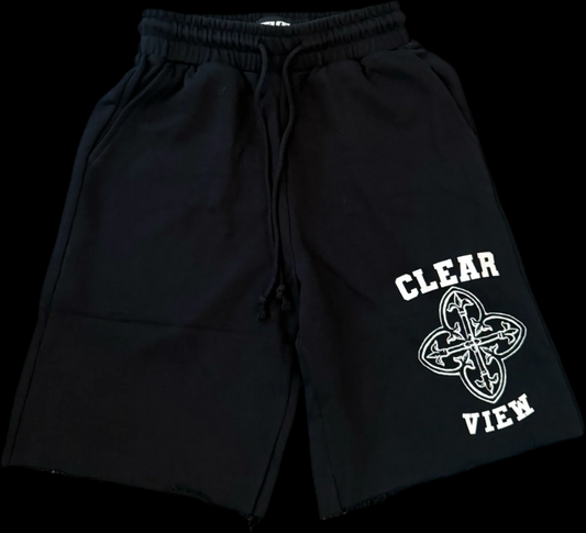 Black shorts with 'Clear View' logo on a white background